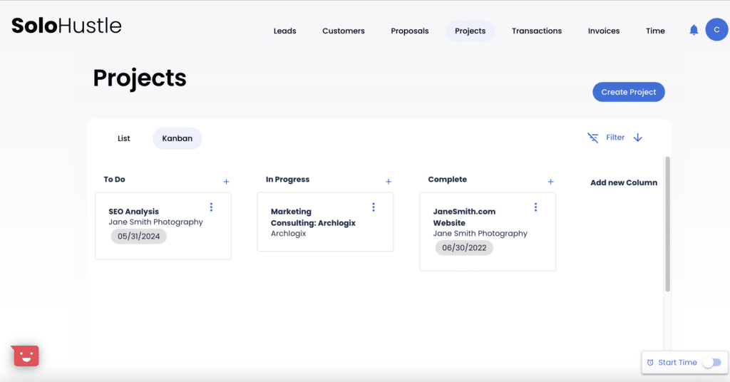 Project management view in Solo Hustle