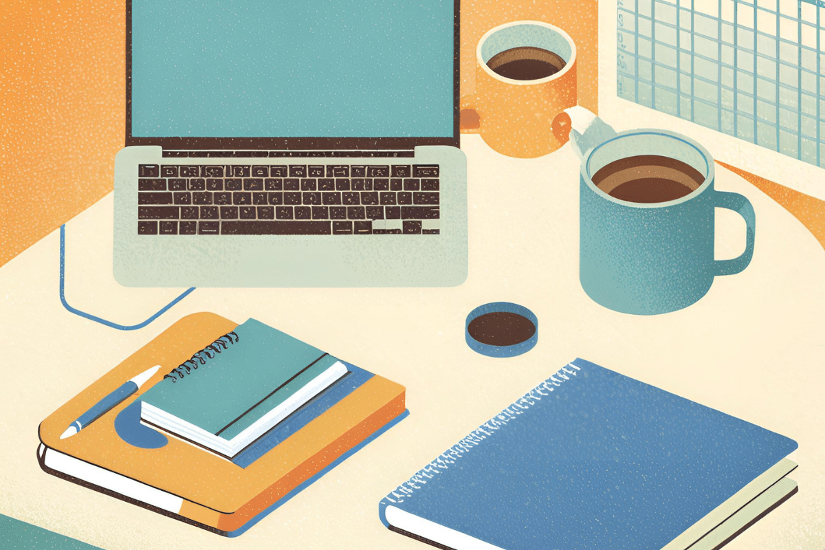 Illustrated workspace with an open laptop, notebooks, pens, and coffee cups on a desk, representing a productive and organized work environment—perfect for overcoming procrastination and boosting focus.