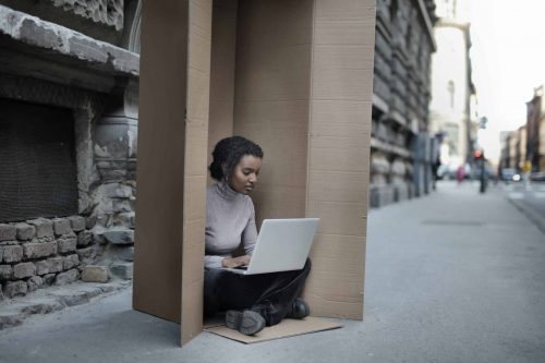 Woman freelancing from a box